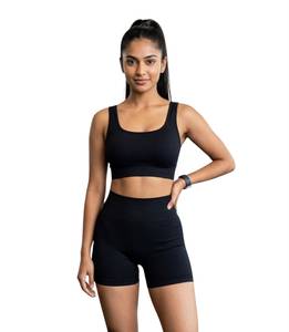 Ensemble de vêtements de sport pour femmes, 2 pièces, côtelé, haut court sans manches, short taille haute, respirant, antistatique, coupe ajustée, toutes saisons - Product Image 1