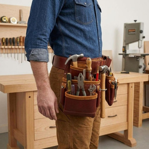 Ceinture à outils de charpentier en cuir premium faite à la main, avec plusieurs compartiments pour outils, coutures renforcées et boucle pour marteau, à vendre - Product Image 2