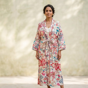 Bata Kimono Floral de Algodón Larga con Cuello en V y Estampado de Bloques, Bata de Baño con Cintura Ajustable, Ropa de Descanso Suave de Algodón para Spa - Product Image 5