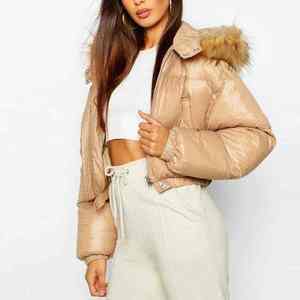 Women's Neon Green Quilted Puffer Jacket <b>Full</b> Sleeve Stand Collar Zipper Closure Short <b>Length</b> Winter <b>Coat</b> Solid Color PU Coated - Product Image 5