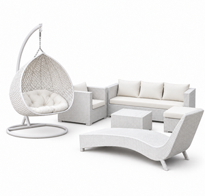 Conjunto de Muebles de Jardín de Ratán Sintético Blanco con Cojines, Muebles Modernos para Patio, Asientos para 6 Personas, Hecho en Indonesia - Product Image 1