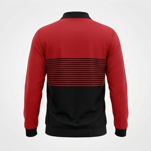 Polo à manches longues pour homme, rouge et noir, à blocs de couleur, design rayé, style décontracté, tricoté, avec poche sur le devant - Product Image 2