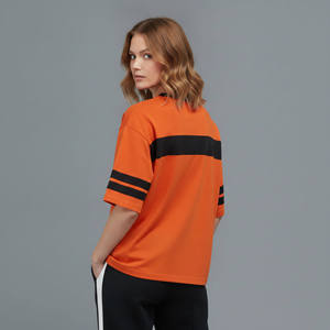 Customized Women's Orange Short Sleeve Crew Neck T-<b>Shirt</b> With Black Stripes And <b>Flame</b> Logo Print Loose Fit Casual Spring Summer - Product Image 2