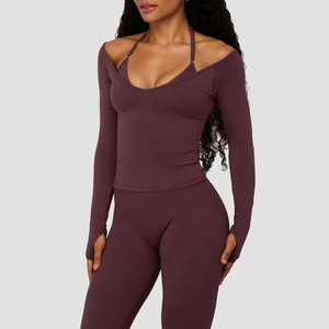 Manufacturer Workout Tight <b>Top</b> Women <b>Off</b> <b>Shoulder</b> Deep Neck Pattern Activewear Sports Training <b>Long</b> <b>Sleeve</b> Thumb Hole <b>Top</b> - Product Image 5