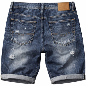 Pantalones cortos de mezclilla para hombre personalizados, lavado oscuro, desgastados, con parche de cuero, bolsillo para monedas, rasgados, con dobladillo con vuelta, al por mayor - Product Image 2