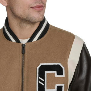<b>Men's</b> Brown Bomber <b>Jacket</b> PU <b>Leather</b> Sleeves Solid Color Zipper Closure Casual Style Autumn Wear Regular Fit Turn-down Collar - Product Image 6