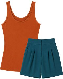 Manufacturer Rust Orange Tank <b>Top</b> With Teal Shorts Women Summer Casual Two Piece Lounge Wear Outfit Set Soft Stretch Fit Outfit - Product Image 1