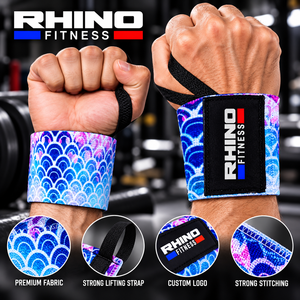 Bandes de maintien pour poignets en coton Rhino Fitness avec boucle pour le pouce et fermeture auto-agrippante, motif bleu, attelle de musculation pour la salle de sport - Product Image 5