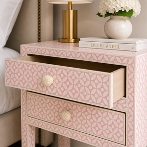 Pink Bone Inlay Nightstand 2 <b>Drawer</b> Bedside Table Modern Geometric Wood <b>Side</b> Cabinet for Bedroom Living Room Apartment & Hotel - Product Image 5