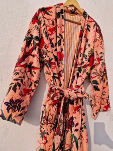 Peach Bird Print Velvet Kimono <b>Robes</b> Handmade Cotton Velvet <b>Robe</b> Morning Tea <b>Coat</b> - Product Image 4