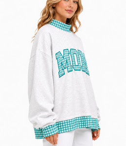 Sudadera informal oversize de cuello simulado para mujer, gris oscuro con estampado de guinga, manga larga, ajuste holgado, forro polar - Product Image 4