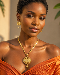 Elegante y Clásico Juego de Collar y Aretes con Colgante Redondo Chapado en Oro, Joyería de Diseño para Mujer - Product Image 3