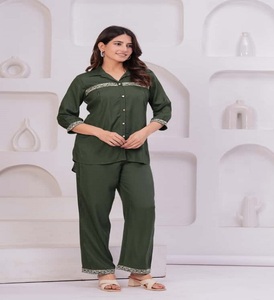 New Arrival Pure Cotton OEM & ODM Customized Cotton Women's Loungewear <b>Set</b> 2-Piece Full Length Shirt Pant Solid Coord <b>Set</b> - Product Image 4