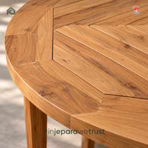 Mesa de Comedor Redonda de Madera de Teca Natural Escandinava con Tapa Decorativa de Parqué para Muebles de Comedor Modernos - Product Image 5
