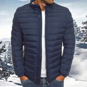 2023 Black Polyester Mens Puffer <b>Jacket</b> Stand Collar Zipper Closure Warm <b>Packable</b> Autumn Winter Solid Color Plain Dyed Front - Product Image 2