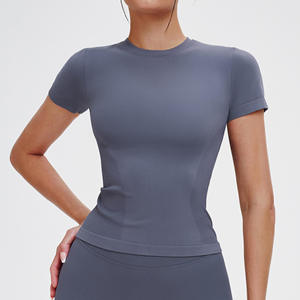 Camiseta de Manga Corta para Mujer, Cuello Redondo, Corte Ajustado, Tejido de Punto, 100% Algodón, Color Sólido, Transpirable, Primavera Verano - Product Image 5