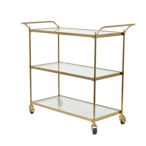 Chariot de service moderne en métal doré avec étagères en verre, 38x14x31 pouces, chariot de bar roulant pour les fêtes et événements à domicile - Product Image 3
