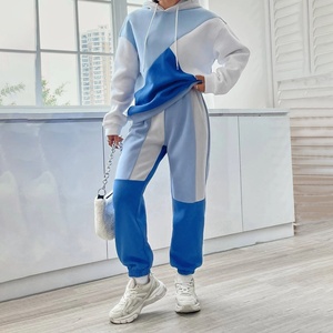 Conjunto de Sudadera con Capucha y Bloques de Color para Mujer, Manga Larga, Corte Holgado, Chándal con Bolsillos Laterales, Azul y Blanco, Estilo Casual de Otoño - Product Image 4