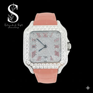 Moissanite Diamond Pink Leather Balt <b>Watch</b> Designer Men's Women's Fashion Jewelry Solid 925 <b>Sterling</b> <b>Silver</b> <b>Watch</b> - Product Image 1