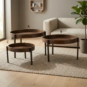 Modern Handmade Round Wooden Side <b>Table</b> with Iron Legs <b>Nesting</b> Design Rajasthan Living Room Furniture - Product Image 5