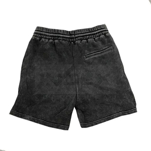 Shorts en coton noir pour homme, taille mi-haute, cordon de serrage, style décontracté, effet délavé, avec poches - Product Image 4