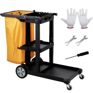 Carrello per Pulizie Commerciali per Hotel con 3 Ripiani, Sacca in PVC da 25 Galloni (47x20), Capacità 200 Libbre, Carrello per Servizi di Pulizia in Plastica - Product Image 1