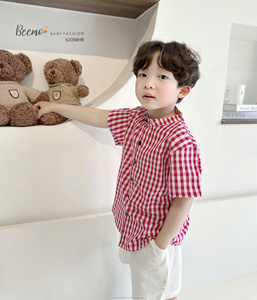 Listo para enviar Verano Casual Estilo coreano Conjunto de ropa para niños Estampado a cuadros Tops y pantalones cortos de manga corta para niños Traje - Product Image 3