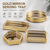 Plateau miroir doré en gros, plateau de service décoratif en métal doré avec poignées pour mariage, hôtel, ensemble de plateaux miroir décoratifs en métal