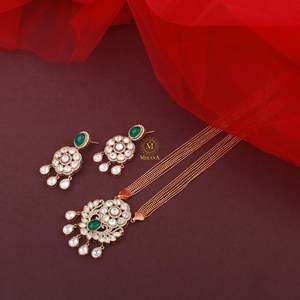 Aroo Emerald Green Polki Designer Bridal Pendant Set-Platinum Rose Cut Diamond & Freshwater Pearl - Product Image 2