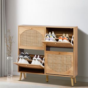 Scarpiera Originale Woo 105*24*98cm con Piedini Alti, Superficie in Rattan Arcuato, 2 File, 4 Contenitori Ribaltabili, in Pannello Trimelaminico ad Alta Densità - Product Image 1
