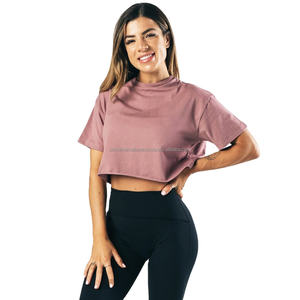 Top corto para mujer, Camiseta extragrande de algodón 100%, camiseta de manga corta de entrenamiento con logotipo personalizado, Top corto transfronterizo para mujer - Product Image 2