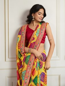 Sari Tradicional Indio de Georgette de NiMa Creations, Estampado Digital con Diseño Floral Colorido, Largo hasta el Suelo, Corte Regular, Secado Rápido, para Mujer - Product Image 4