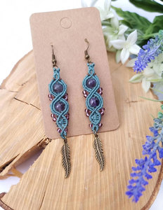 Handmade Macrame Amethyst Feather <b>Earrings</b> Boho Ethnic Crystal <b>Dangle</b> Statement Jewelry for Women - Product Image 4