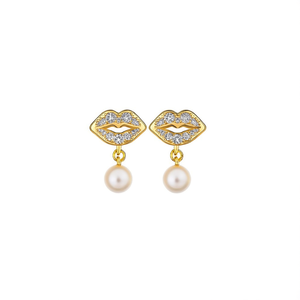 Kemp 18K Gold Plated Stud Earrings-Trendy Asscher Cut Zircon & Pearl Lips Design - Product Image 3
