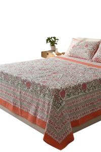 Hand Block Printed Cotton Bedsheet Floral <b>Queen</b> <b>Size</b> <b>Bedding</b> Handmade Indian Bed Cover Soft Pink Botanical Bedsheet - Product Image 1