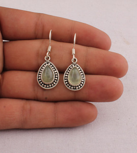 Wholesale Handcrafted Pear Shape Green Prehnite Drop <b>Dangle</b> <b>Earrings</b> 925 Sterling <b>Silver</b> Beaded Border Engagement Vintage Fine - Product Image 1