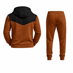 Survêtement à capuche contrasté marron et noir pour hommes, veste à fermeture éclair, coupe slim, pantalon de jogging, vêtements de sport décontractés, ensemble de fitness pour la salle de sport, de haute qualité - Product Image 4
