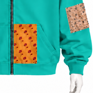 Sweat à capuche zippé surdimensionné en patchwork de tapisserie bleu sarcelle, imprimé, style streetwear décontracté, veste tendance - Product Image 5