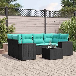 Set di divani da giardino in polyrattan nero da 7 pezzi con cuscini, mobili da giardino - Product Image 1