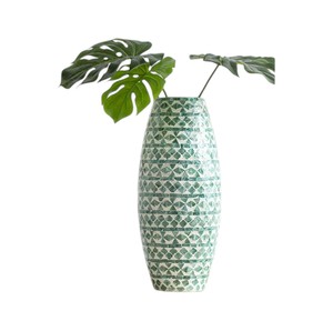 Vase de table artisanal en nacre avec motif géométrique vert en mosaïque, style méditerranéen, finition brillante, forme ronde pour arrangements floraux - Product Image 5