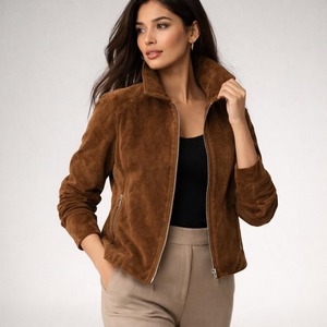 Chaqueta bomber informal de gamuza para mujer, chaqueta de gamuza con cremallera frontal, abrigo estilo camionero con cremallera, chaqueta transpirable a prueba de viento - Product Image 4