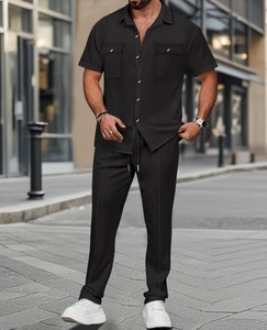 Men's Green Short Sleeve Shirt And Long <b>Pants</b> Casual Two-Piece Set Turn-<b>Down</b> Collar Breathable Knitted Cotton Summer Wear - Product Image 5