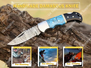 Custom Made OEM ODM Support Damascus Steel Folding Pocket <b>Knife</b> Turquoise Gemstone Handle Drop Point Industrial Grade 7.5 <b>Knife</b> - Product Image 2