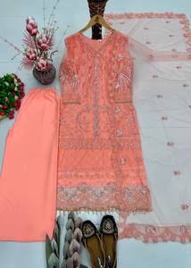 TENNECY Kurta/Kurti pour femme en dentelle fantaisie brodée à la main, en résille douce réversible, longueur cheville - Style fête Diwali toutes saisons - Product Image 6