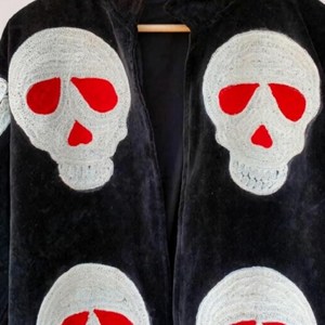 Skull Motif Handmade Vintage Suzani Embroidered <b>Velvet</b> Jacket Unisex Timeless Artistry Winter Halloween Statement <b>Coat</b> - Product Image 5