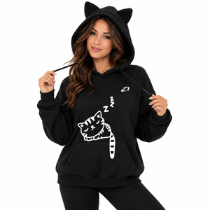 Sweat-shirt à capuche court rose pour femme, à oreilles de chat, décontracté, couleur unie, manches longues, 100% coton tricoté, pour l'automne, USA - Product Image 5
