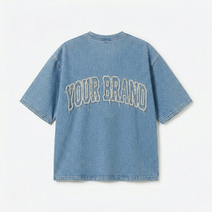 T-shirt col en V personnalisé délavé à l'acide, coupe oversize en coton, broderie vintage usée, style streetwear, vente en gros OEM - Product Image 2