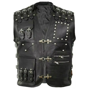 Gilet de motard en cuir véritable pour homme avec rivets, poches et fermeture éclair, style moto, vêtement d'extérieur automne-hiver, coupe classique - Product Image 1