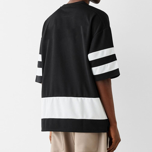 Men's Oversized Black V-Neck T-Shirt With <b>White</b> Stripes And Front Logo Print Short Sleeve Sporty Style Knitted Polyester - Product Image 5