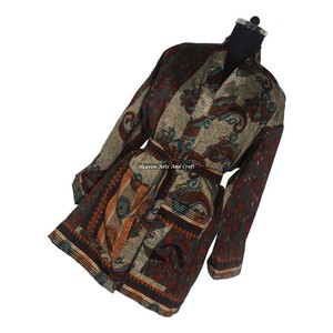 KS004 Kimono Sari Vintage de Seda Pura para Mujer, Estilo Abstracto, Talla Única Ajustable, Kimono Sari Corto de Seda Vintage para Mujer - Product Image 5